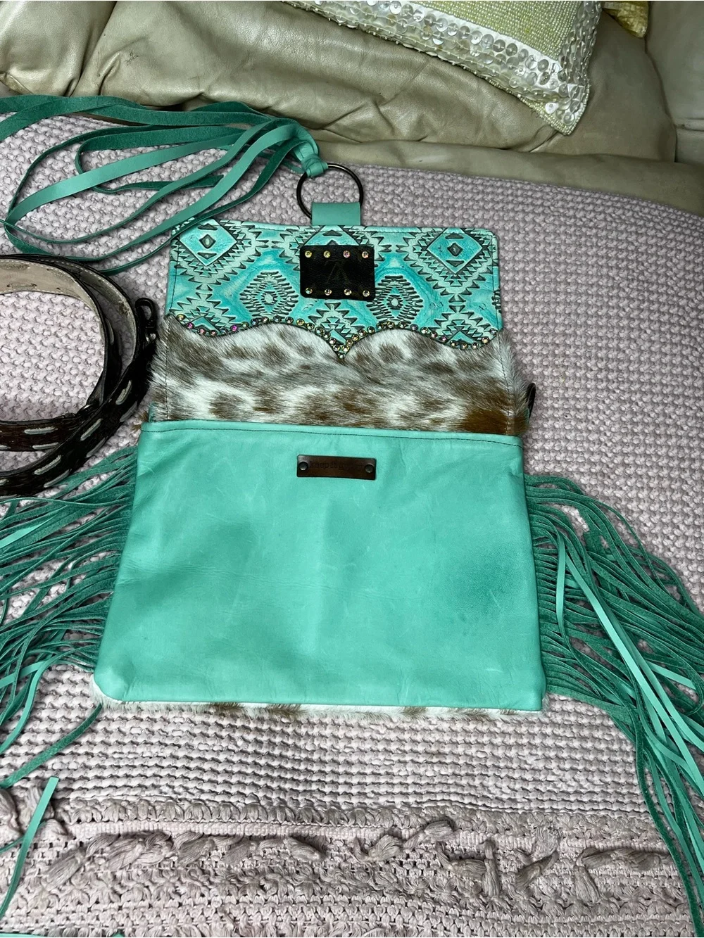 Keep It Gypsy Cowhide Turquoise Fringe Upcycled LV Crossbody Bag